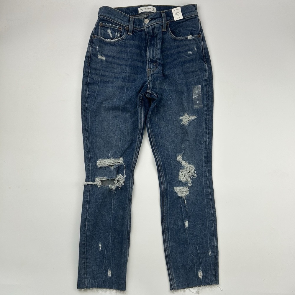 NWT Abercrombie & Fitch High Rise Mom Denim Blue Jeans Sz 27 / 4 Distressed - Picture 2 of 14